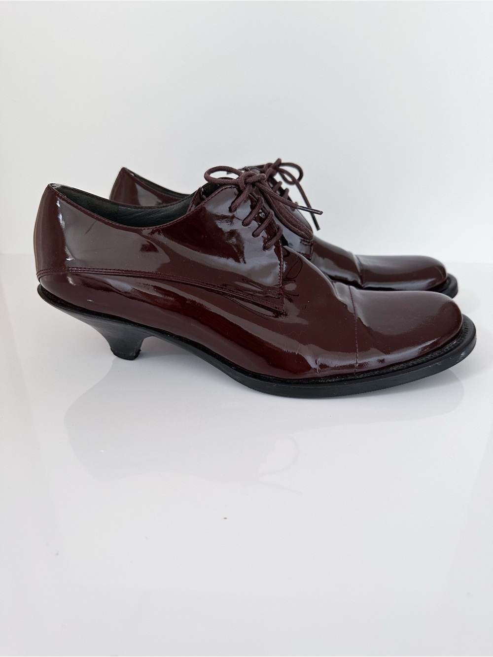 Miu Miu Burgundy Patent Leather Lace Up Kitten Heel Oxfords EU 37.5 / US 7.5 - Picture 11 of 11